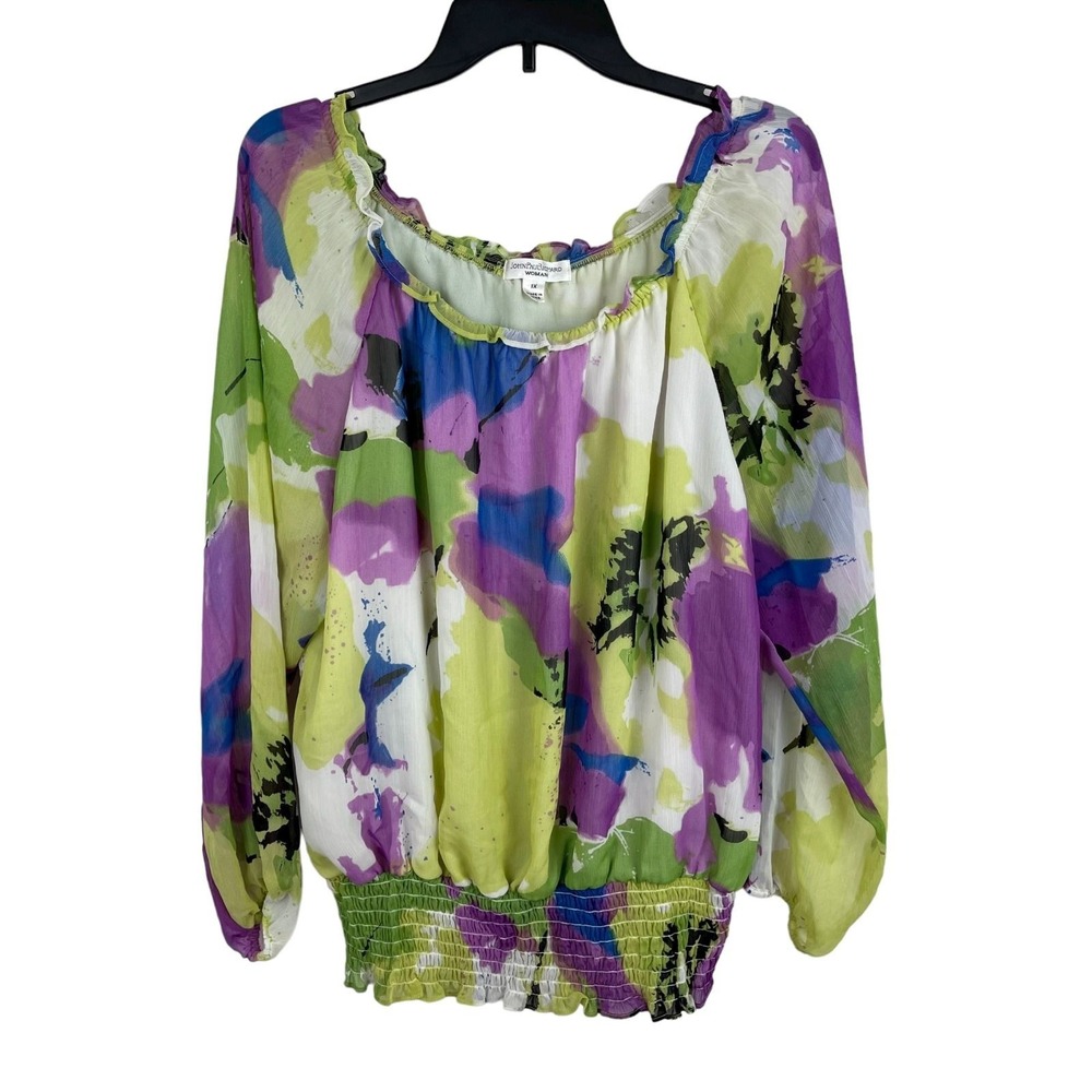 John Paul Richard Blouse Smocked Hem Women 1X Multicolor Floral Chiffon Boho